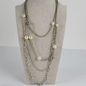 Premier Designs Silver Tone White Faux Pearl Multi Strand Station Necklace 29 In